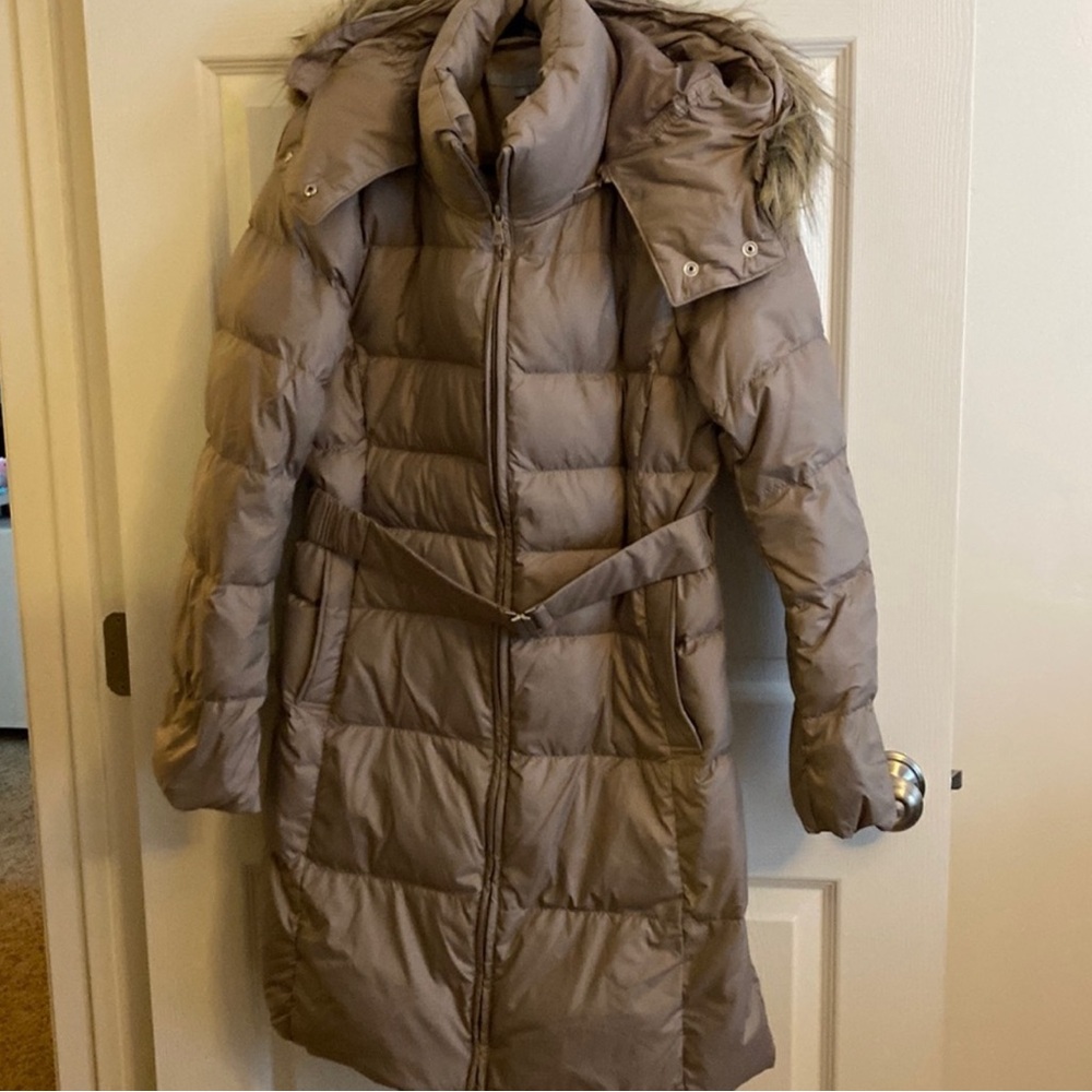 Uniqlo Tan Puffer Coat with Faux Fur Hood
